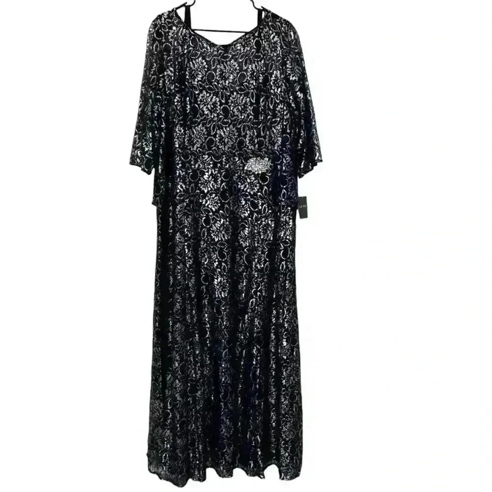 LE BOS Round Neck 3/4 Sleeve Metallic Lace Peplum Long Gown Size 22W